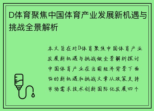 D体育聚焦中国体育产业发展新机遇与挑战全景解析